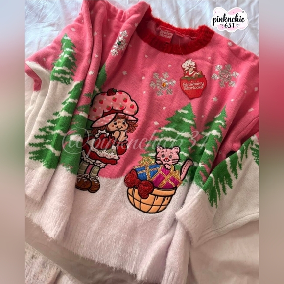 Strawberry Shortcake Festive Pink Embroidered Sequin Christmas Sweater - Picture 4 of 10